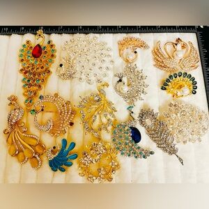 14Pcs Peacock & Swan Brooch Lot – Rhinestone Crystal Pins – Mixed Designs